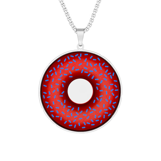 Lump's Heady Donut Necklace - 1" x 1" Stainless Steel Pendant - "Plain Plump Donut w/sprinkles" - plump red donut