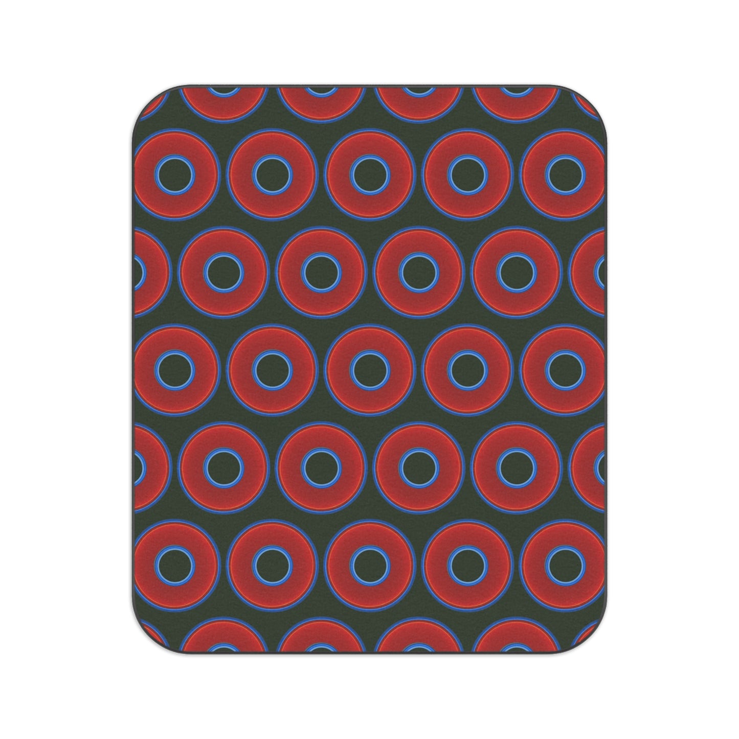 The Lumpy Party Blanket - giant water-resistant outdoor blanket [61" x 51"] - vivid red donuts w/deep forest green background
