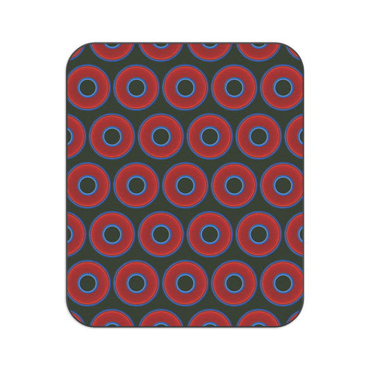 The Lumpy Party Blanket - giant water-resistant outdoor blanket [61" x 51"] - vivid red donuts w/deep forest green background