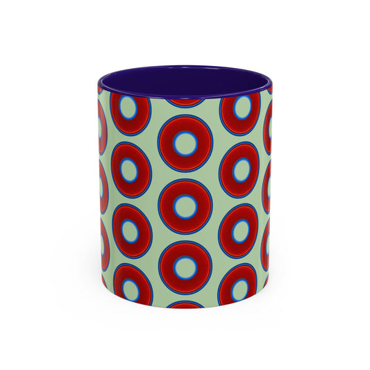 Lump's Grumpy Coffee Mug - vivid red donuts w/seafoam background