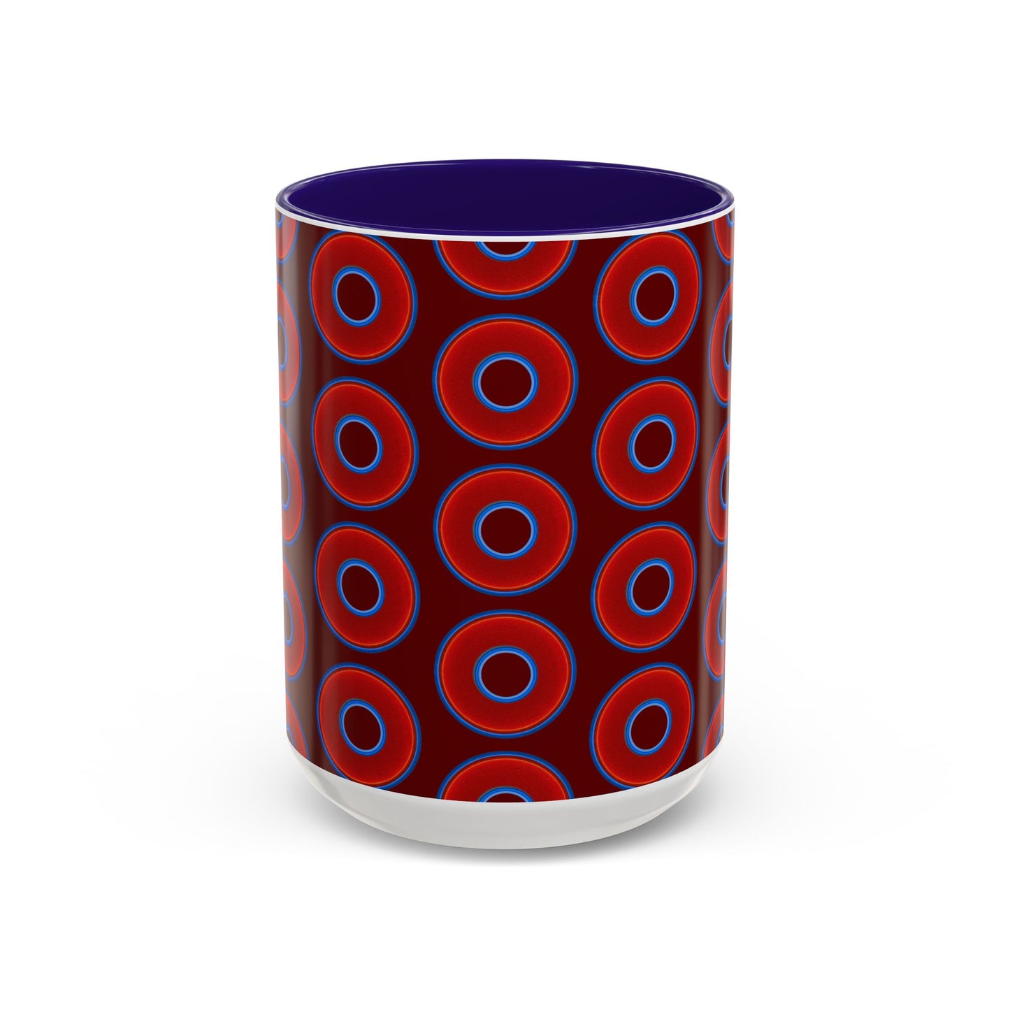 Lump's Grumpy Coffee Mug - vivid red donuts w/dark red background