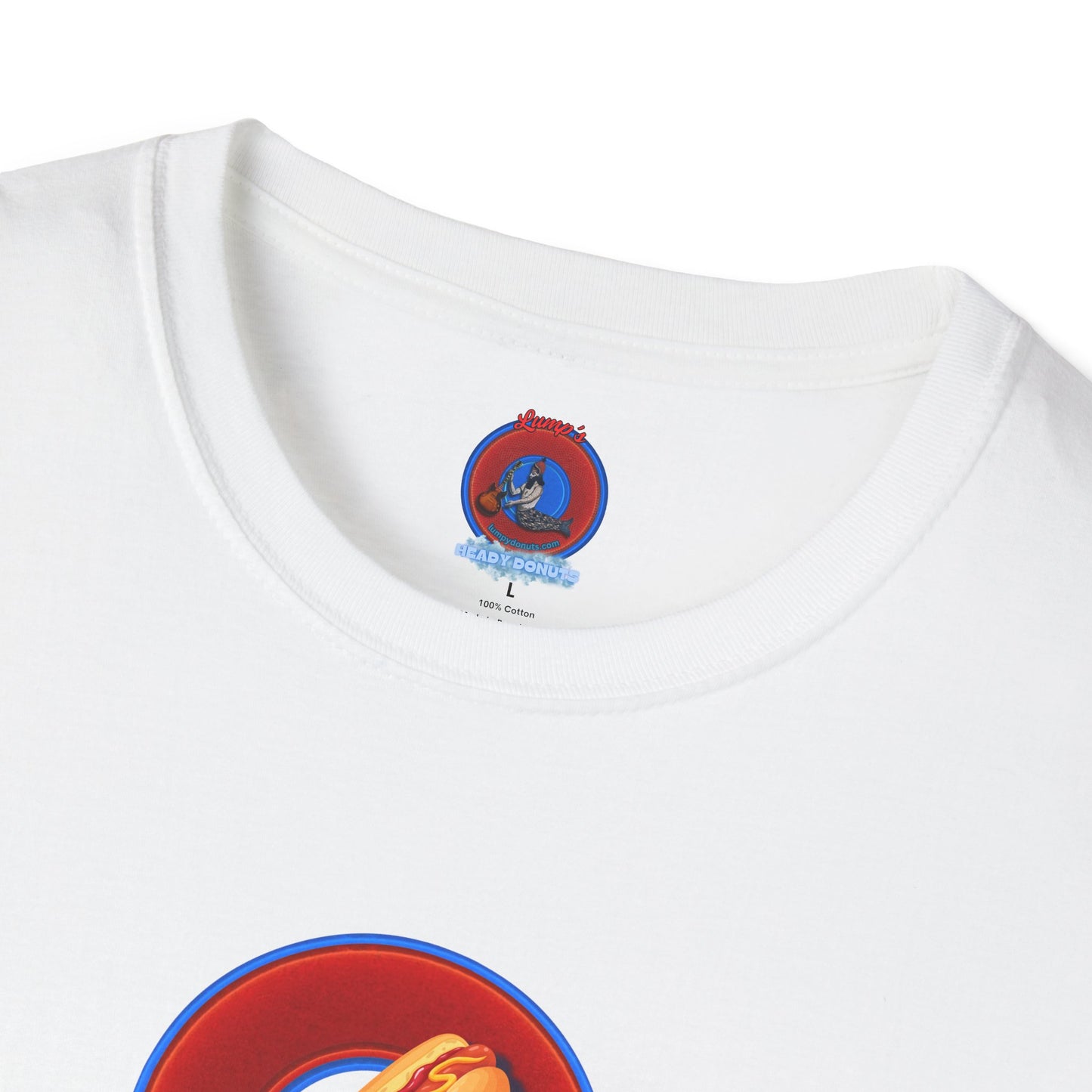 Classic Donut Tee - Unisex Soft-Style - "Viva Las Vegas Donut" -  vivid red donut w/raw dogger - variant 1