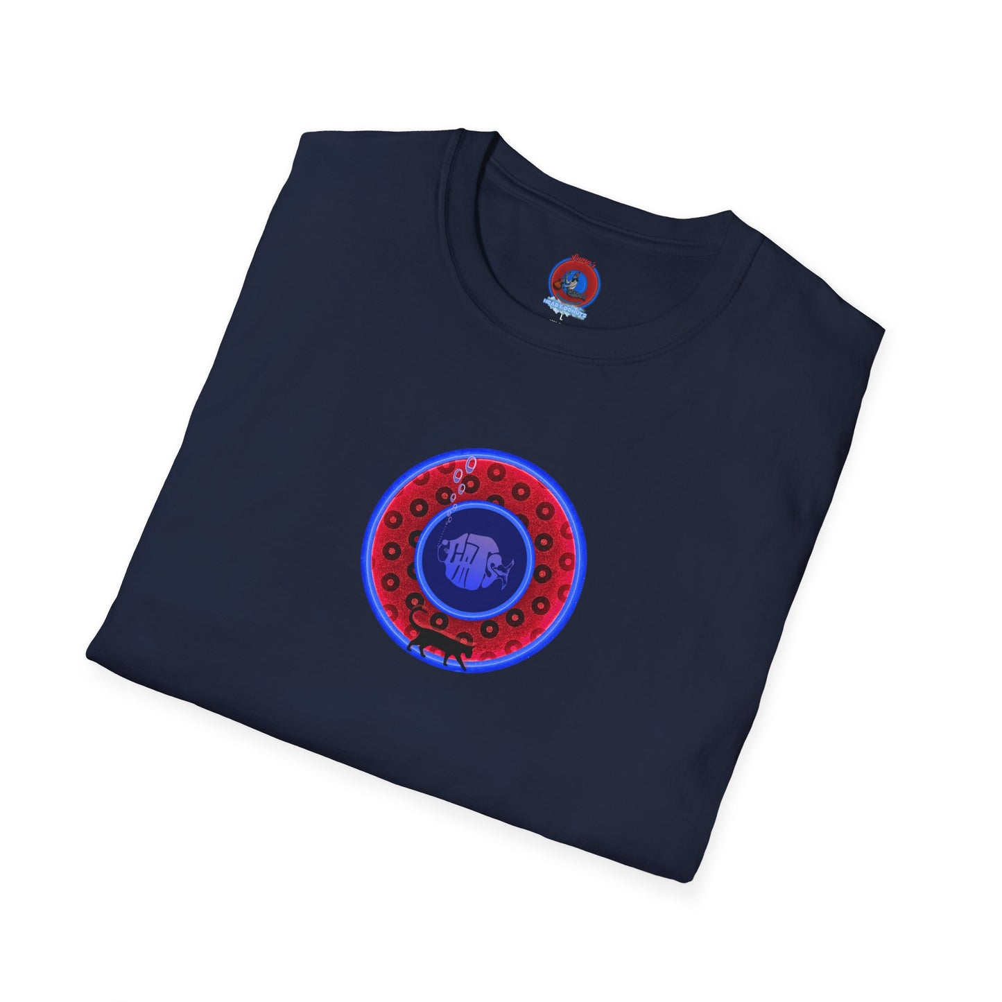 Classic Donut Tee - Unisex Soft-Style - "The Cat's Meow Donut' - red/blue paradox widemouthed donut