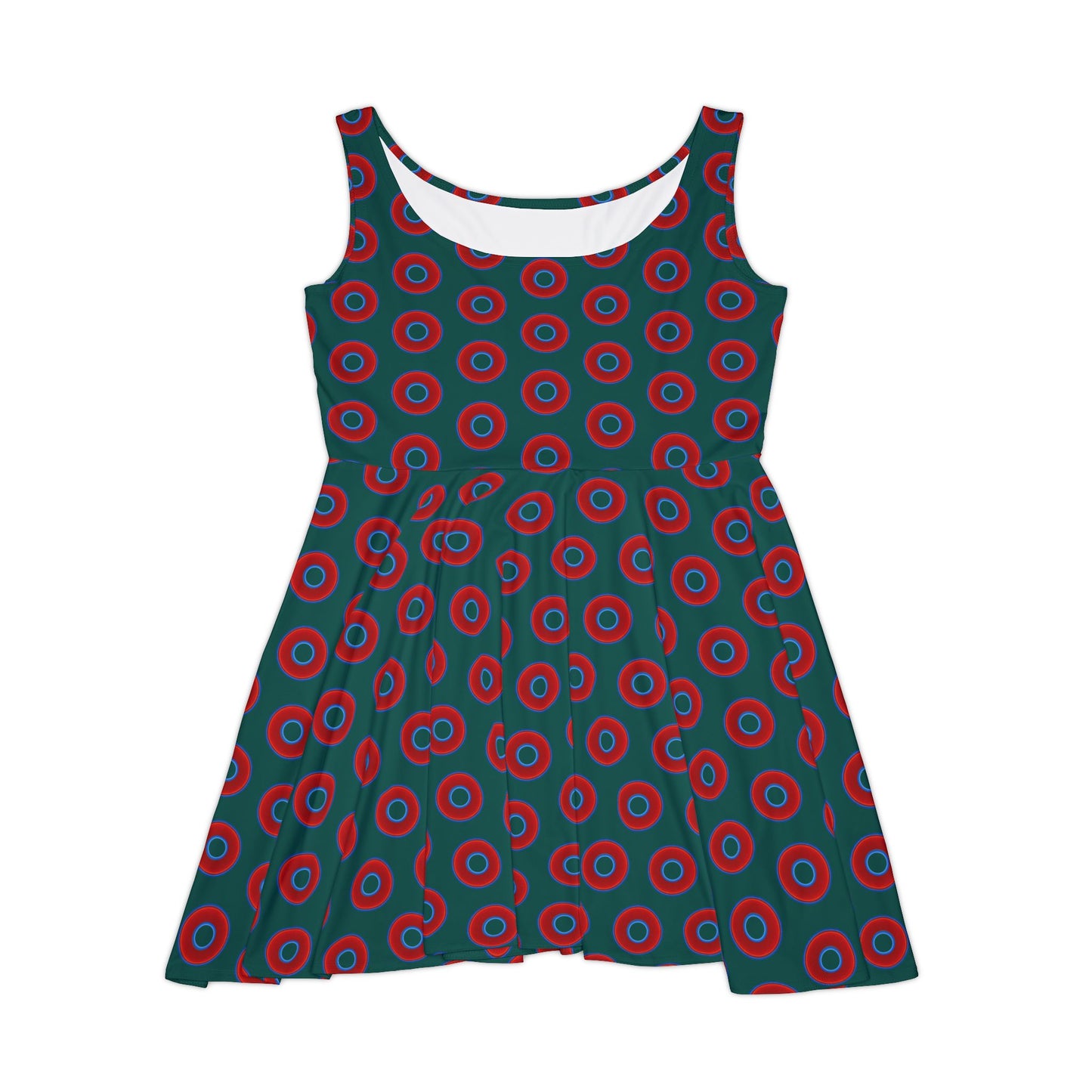 Women's Skater Donut Dress - vivid red donut print w/dark Fenway green background