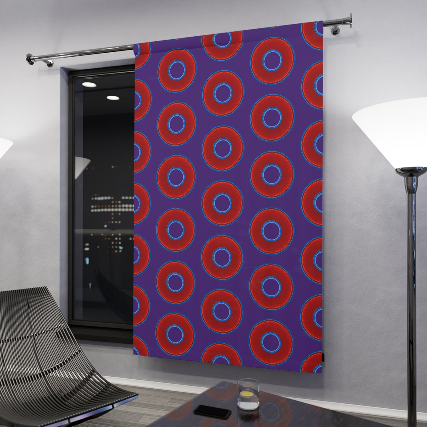 Lump's Heady Curtain w/Donuts - vivid red donut print - w/dark purple background - [*1 Piece / 50" x 84"]