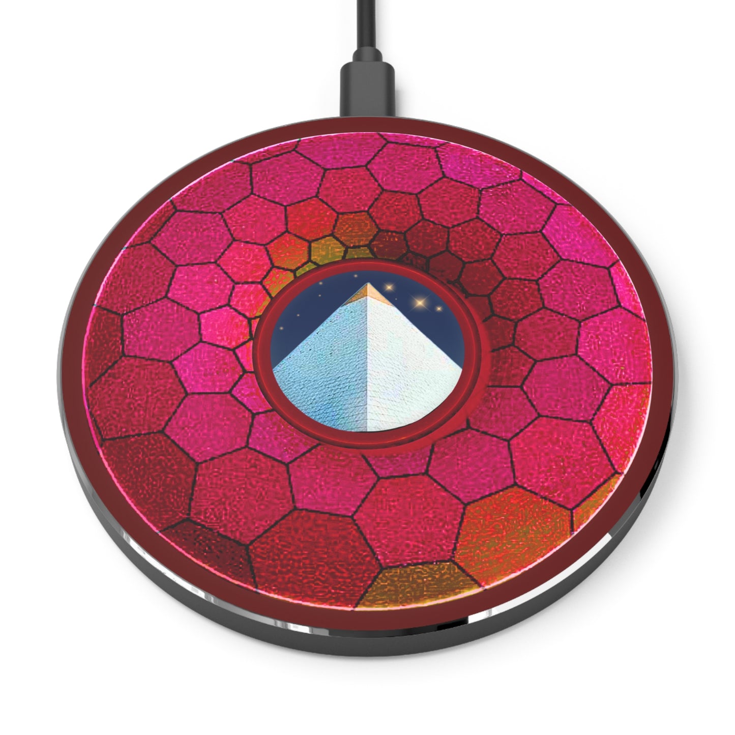 The Flow - Wireless Lumpy Donut Chargers - "Wireless Limestone Donut Chargers so Large" - magenta hexadonut w/dark red background - variant 1