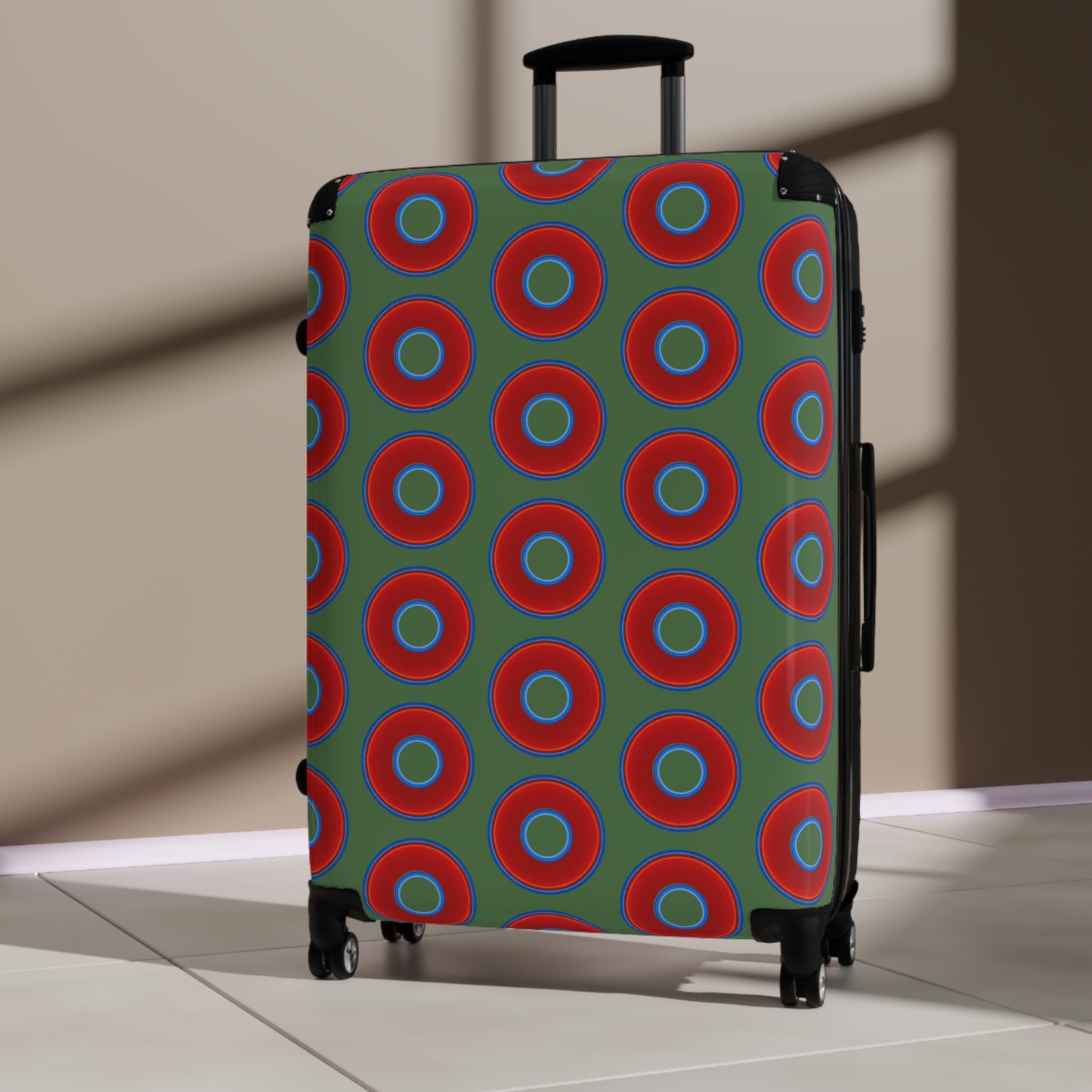 The Very Lumpy Donut Suitcase series - your choice of S, M or L - vivid red donut print w/dark Fenway green background