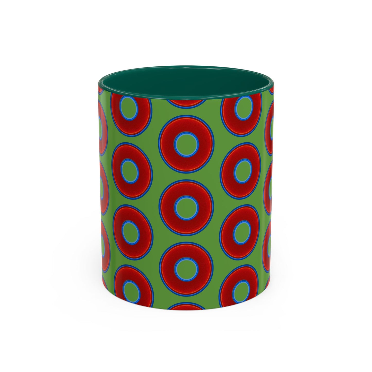 Lump's Grumpy Coffee Mug - vivid red donuts w/light green background