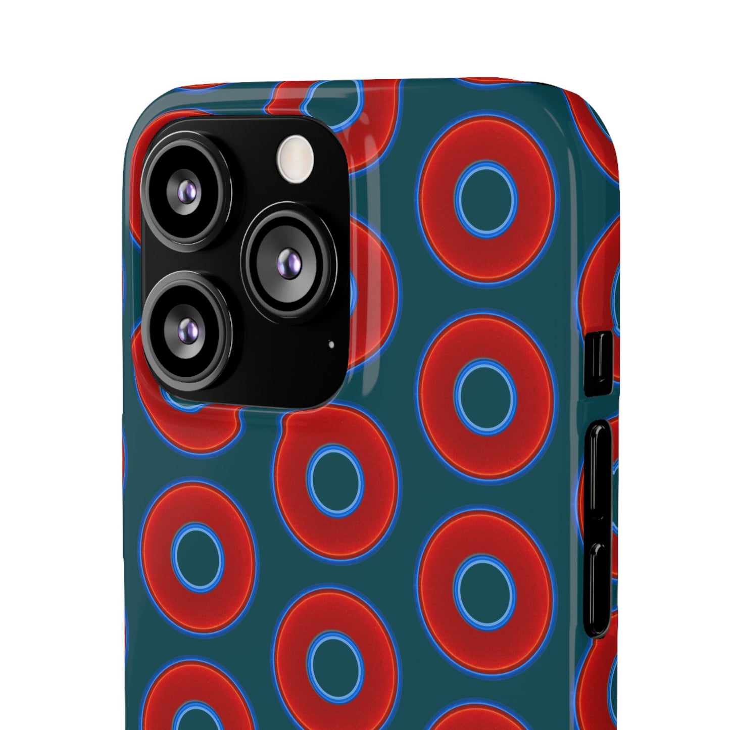 Lumpy Donut Snap Case - red vivid donut print w/midnight teal green background