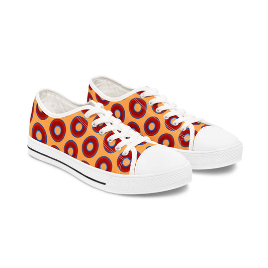 Women's - Low Top Chuck Taylors - large vivid red donut print w/creamsicle orange background