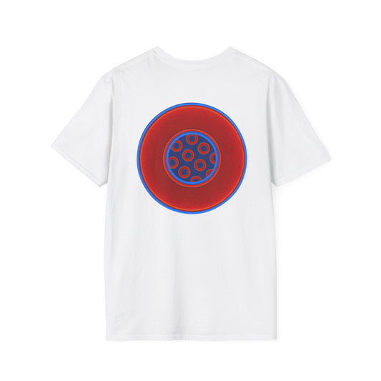 Classic Donut Tee - Unisex Soft-Style - "Portal Donut" - vivid red/blue donut  - w/navy blue - variant 2