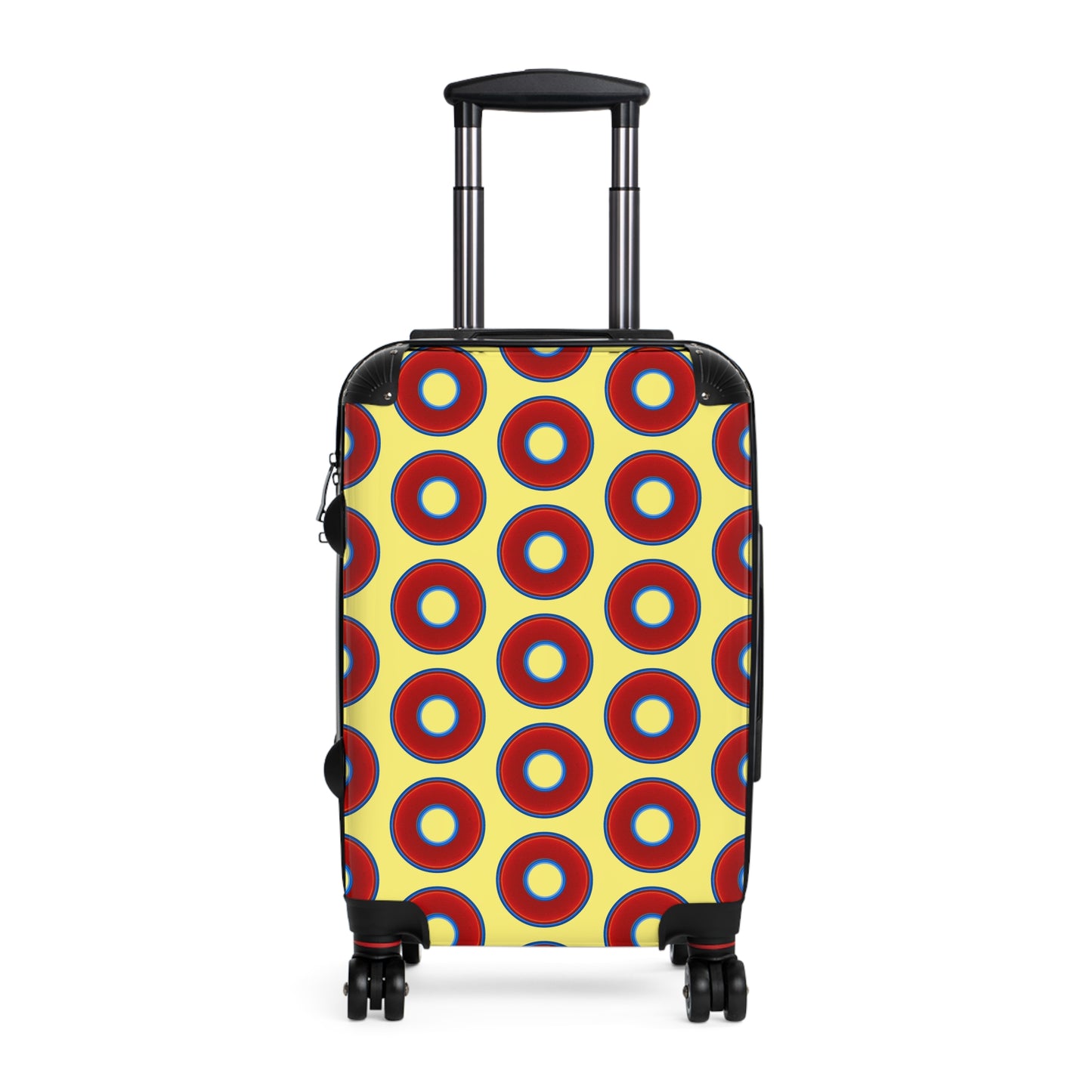 The Very Lumpy Donut Suitcase series - your choice of S, M or L - vivid red donut print w/yellow background
