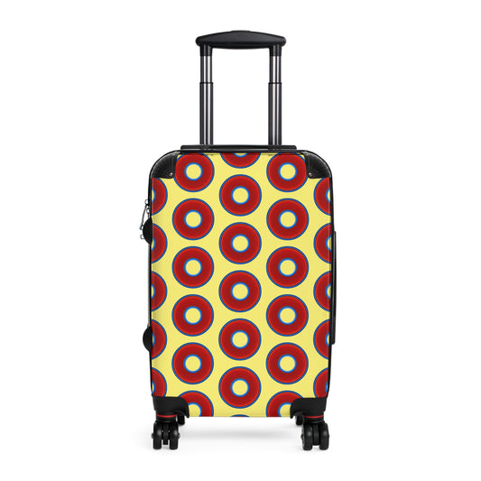 The Very Lumpy Donut Suitcase series - your choice of S, M or L - vivid red donut print w/yellow background