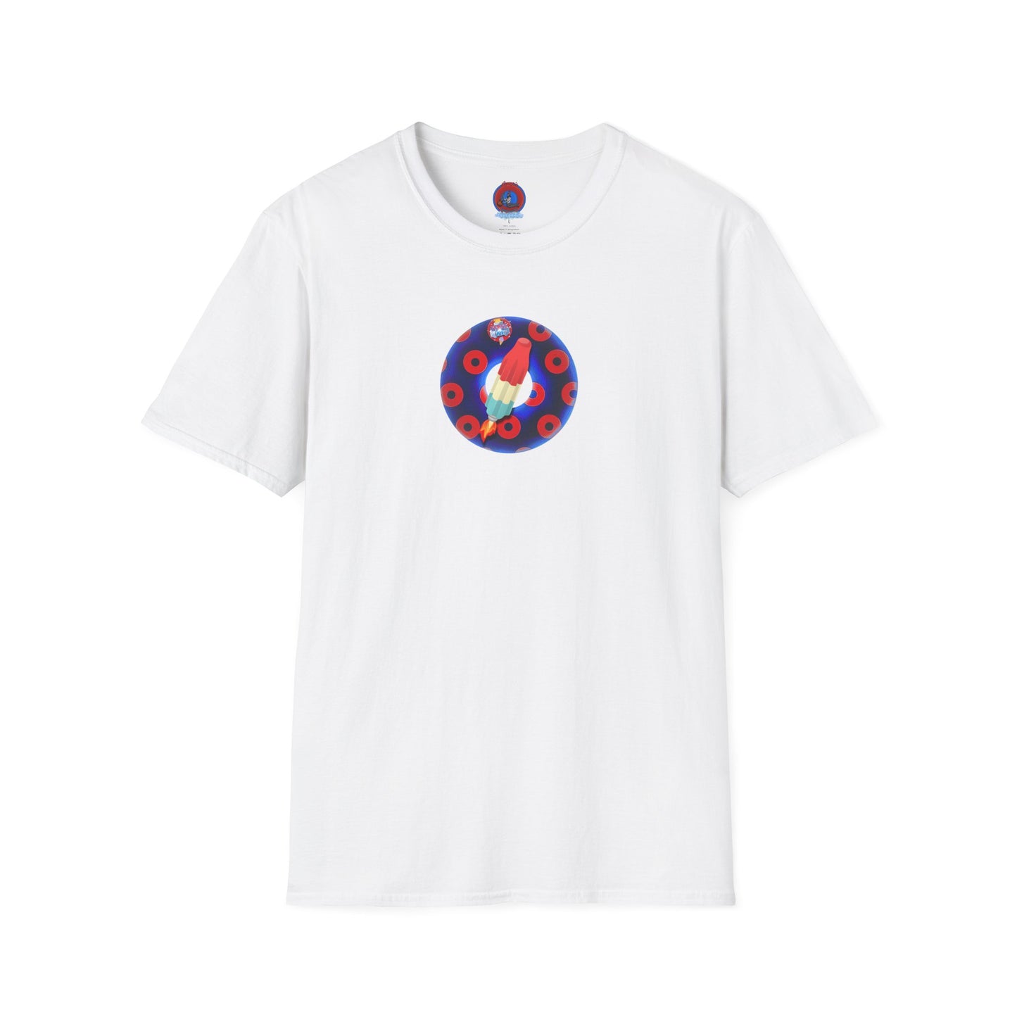Classic Donut Tee - Unisex Soft-Style - "Blow this Popsicle Stand" - blue/red paradox bomb pop donut - variant 2