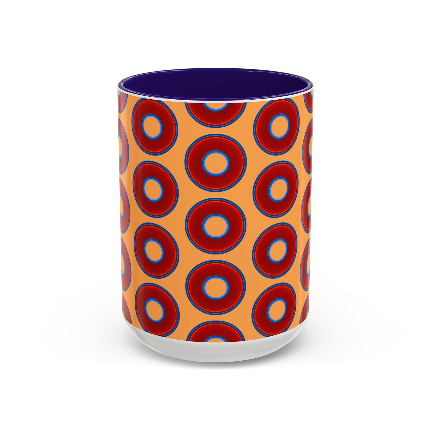 Lump's Grumpy Coffee Mug - vivid red donuts w/creamsicle orange background