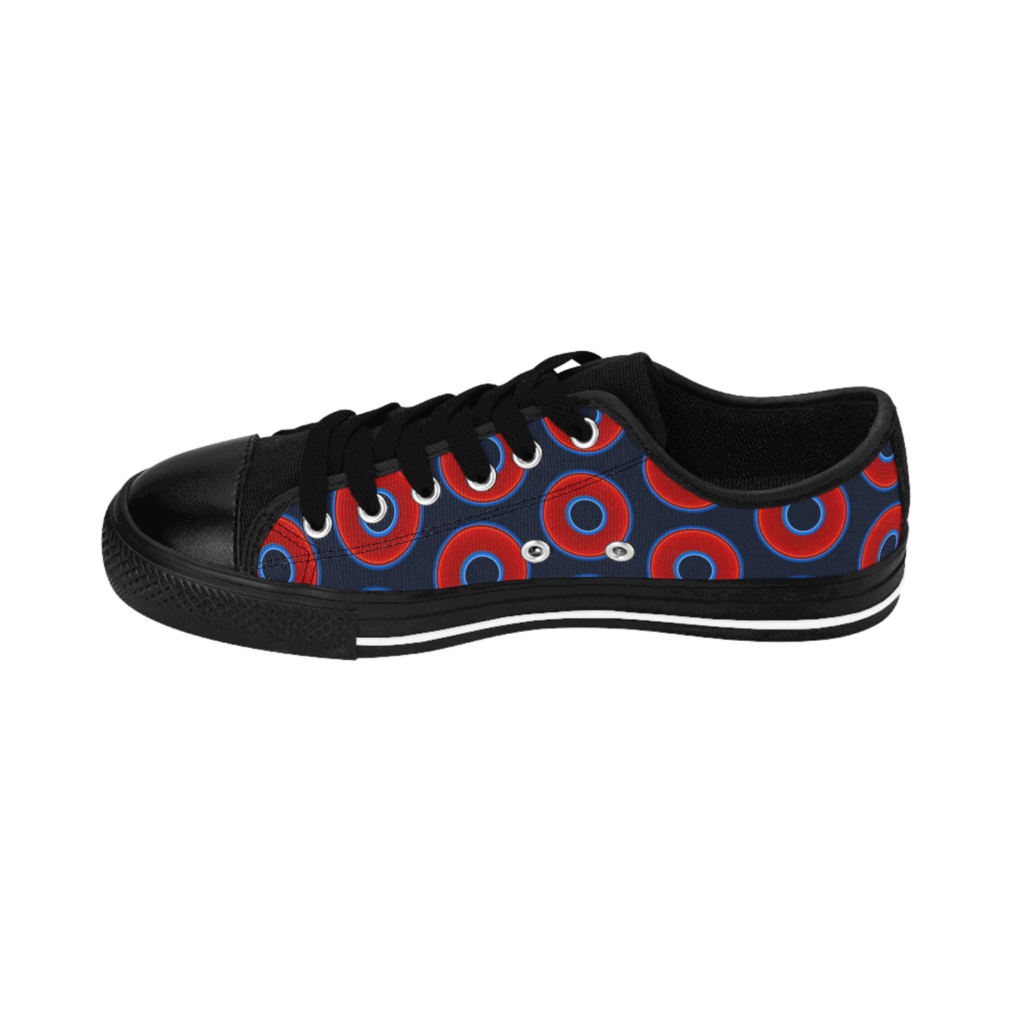 Women's Cushiony Convectors - Low Top - large red vivid donut print w/dark teal elite blue background