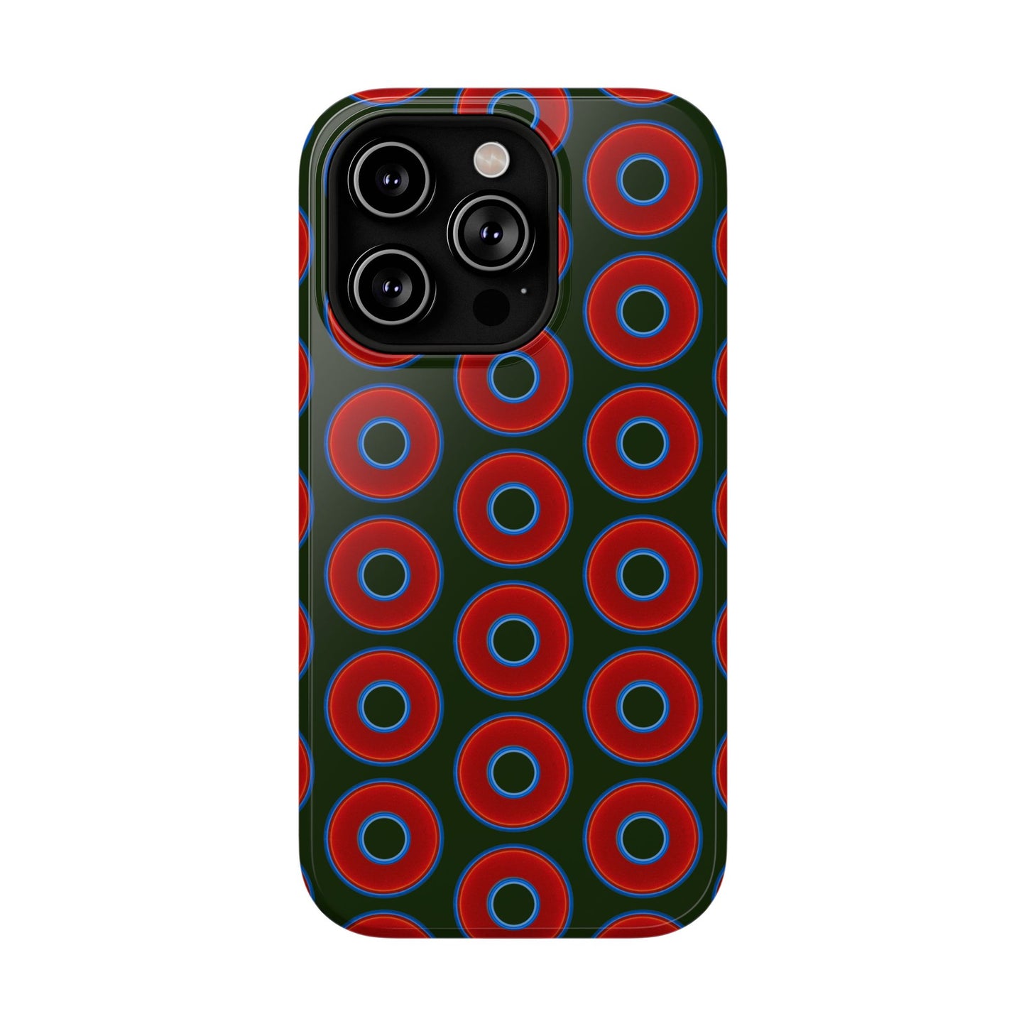 Impact-Resistant Lumpy Donut Case - red vivid donut print w/deep forest green background