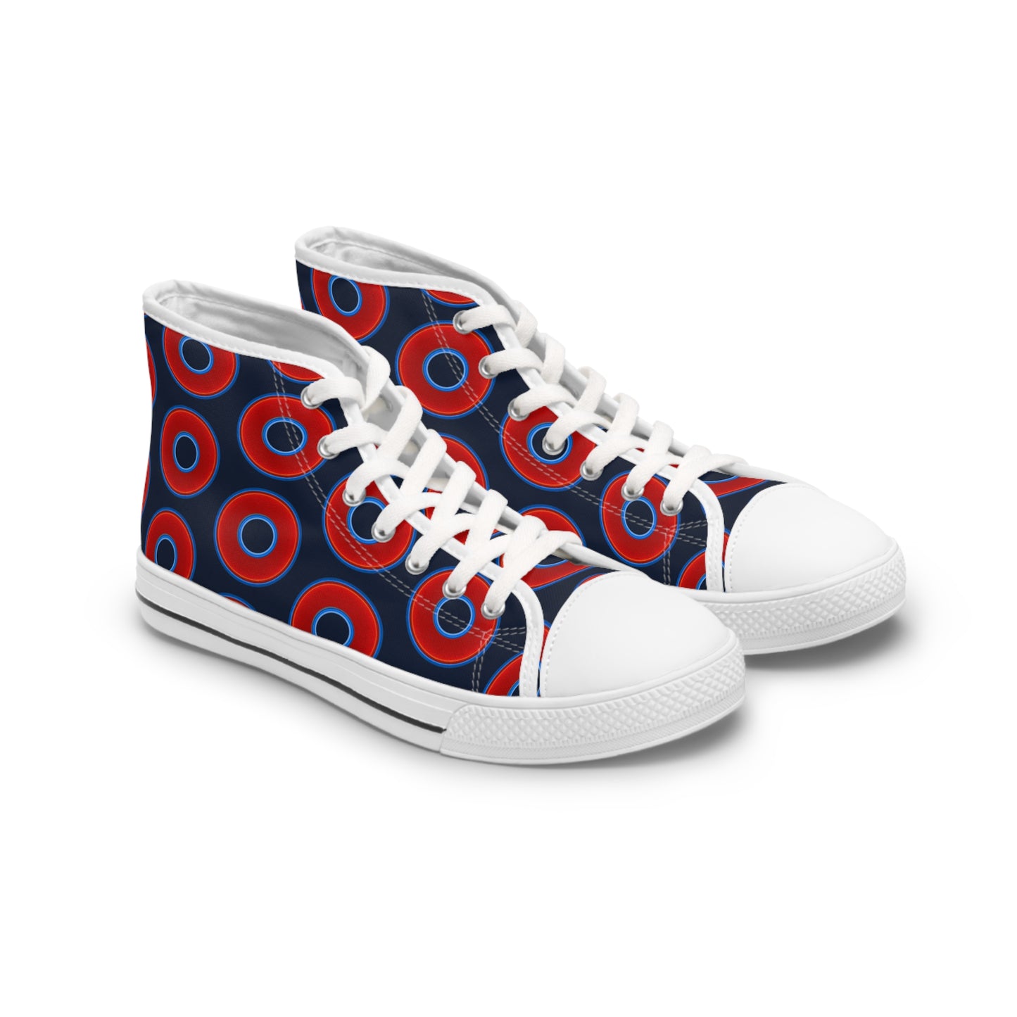 Women's High Top Chuck Taylors - large vivid red donut print w/dark teal blue elite background