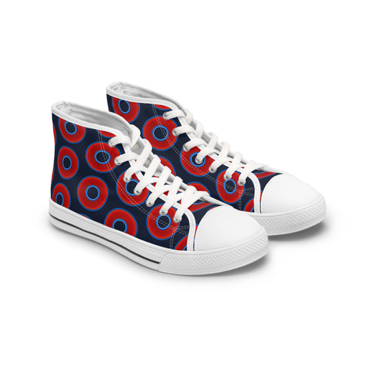 Women's High Top Chuck Taylors - large vivid red donut print w/dark teal blue elite background