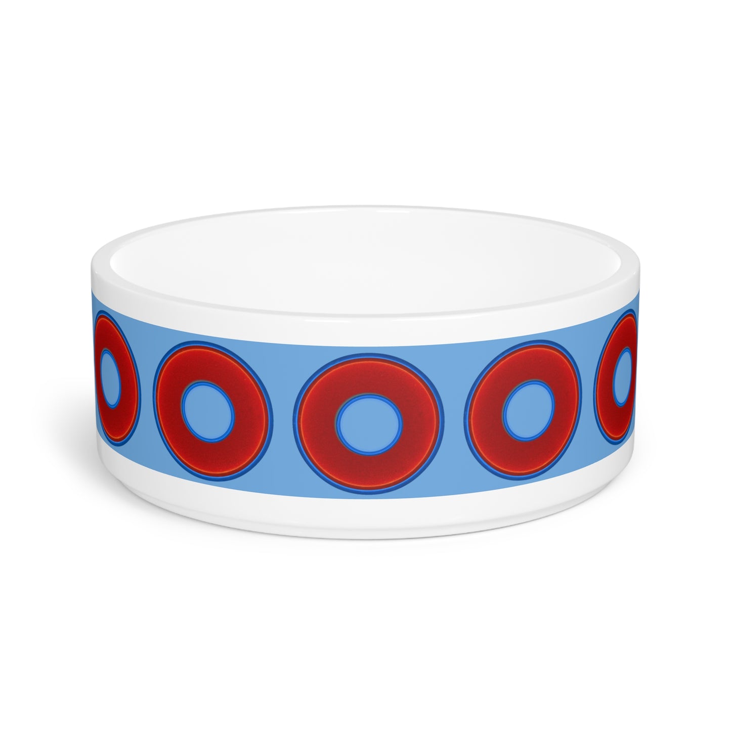 16 oz Lumpy Pet Bowl - vivid red donuts w/light blue background