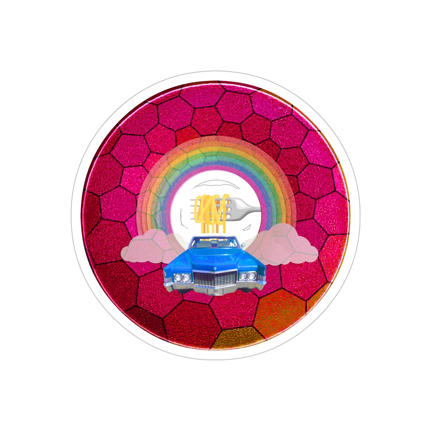 Donut Bumper/Outdoor Sticker - "Spaghetti Incident in my Caddy" - series 1.0 - variant - 1 - blue caddy on magenta hexadonut - [Die-Cut] 6"x 6"