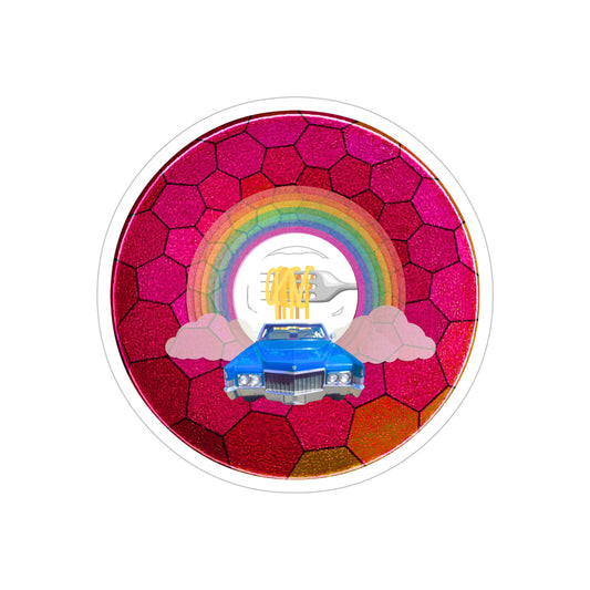 Donut Bumper/Outdoor Sticker - "Spaghetti Incident in my Caddy" - series 1.0 - variant - 1 - blue caddy on magenta hexadonut - [Die-Cut] 6"x 6"