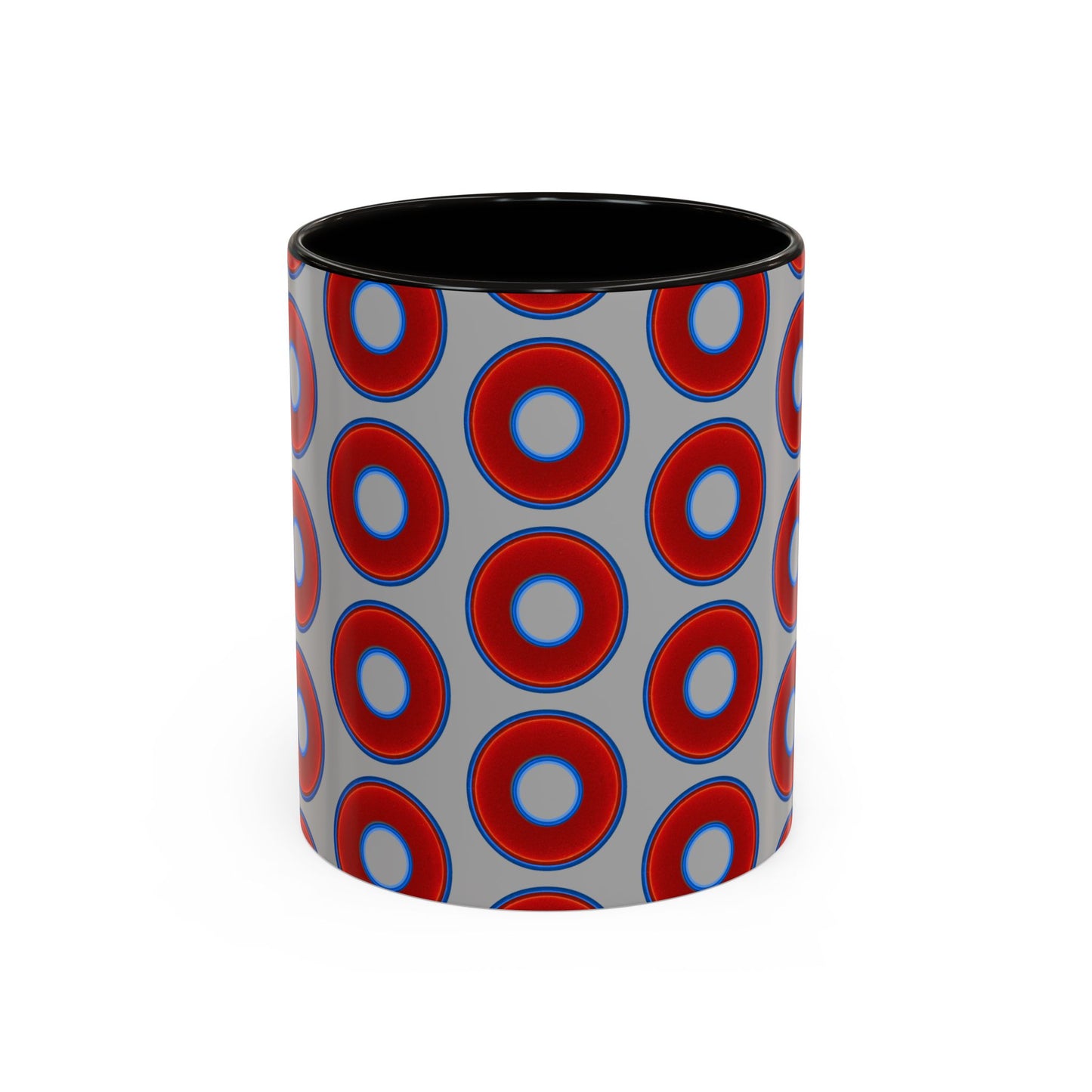 Lump's Grumpy Coffee Mug - vivid red donuts w/light gray background