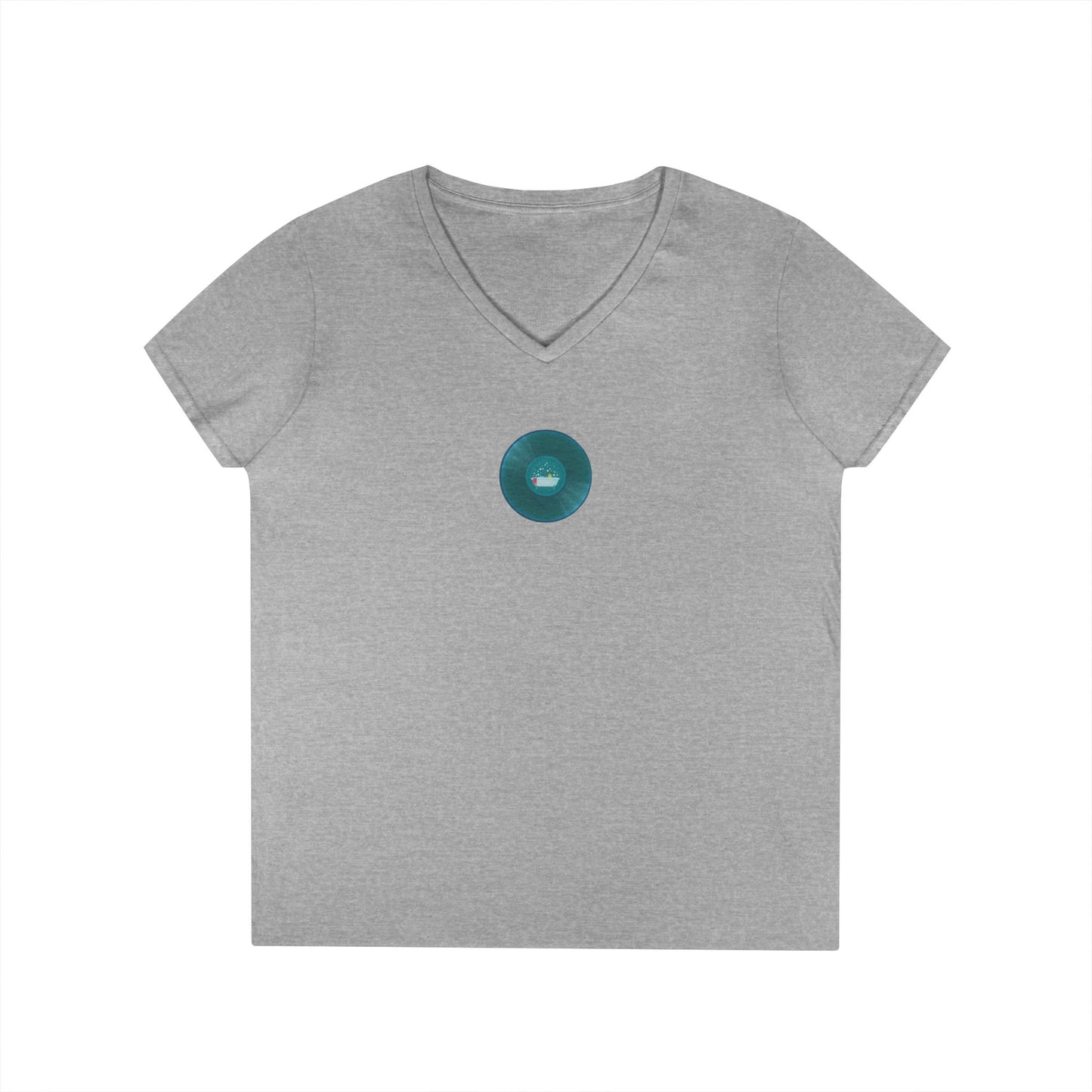 Women's Donut V-Neck Tee - "Bathtub Fun Donut" - vivid aquamarine donuts w/tub