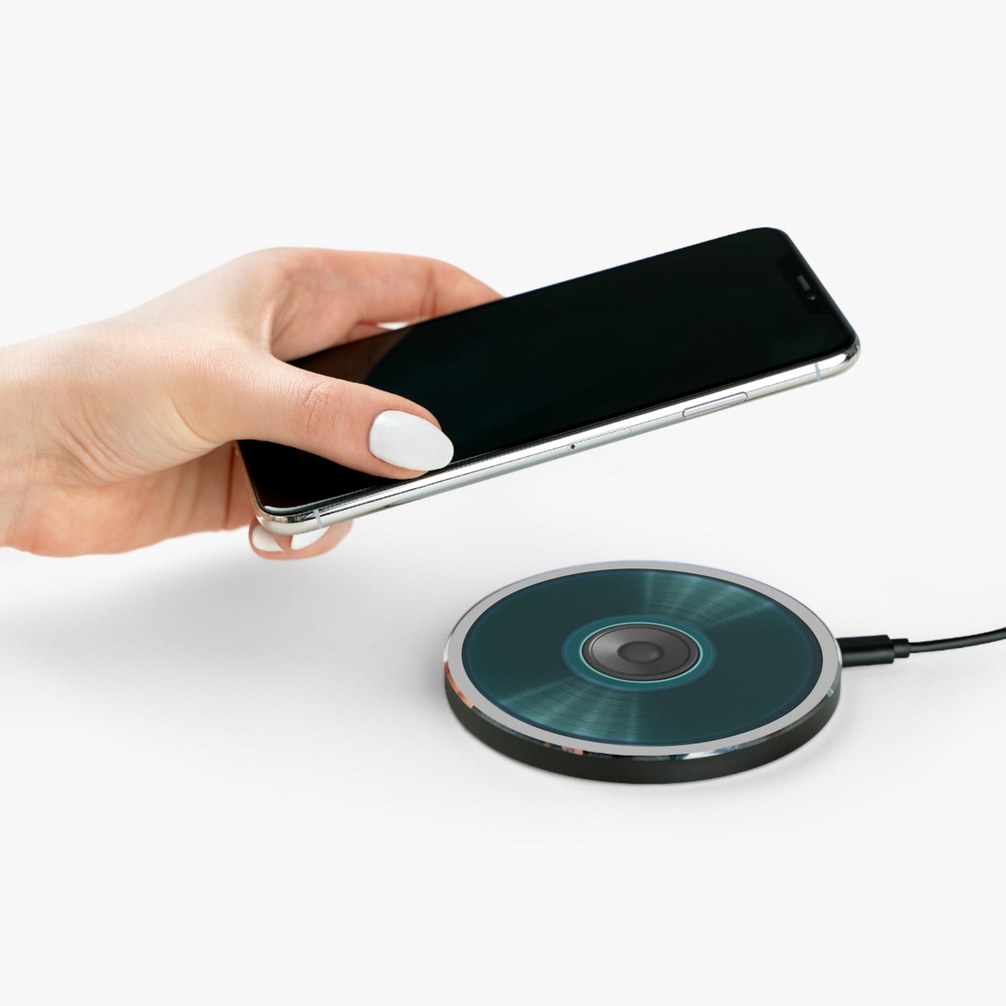 The Flow - Wireless Lumpy Donut Chargers - "Speaker Donut" - vivid dark teal record donut w/light gray background