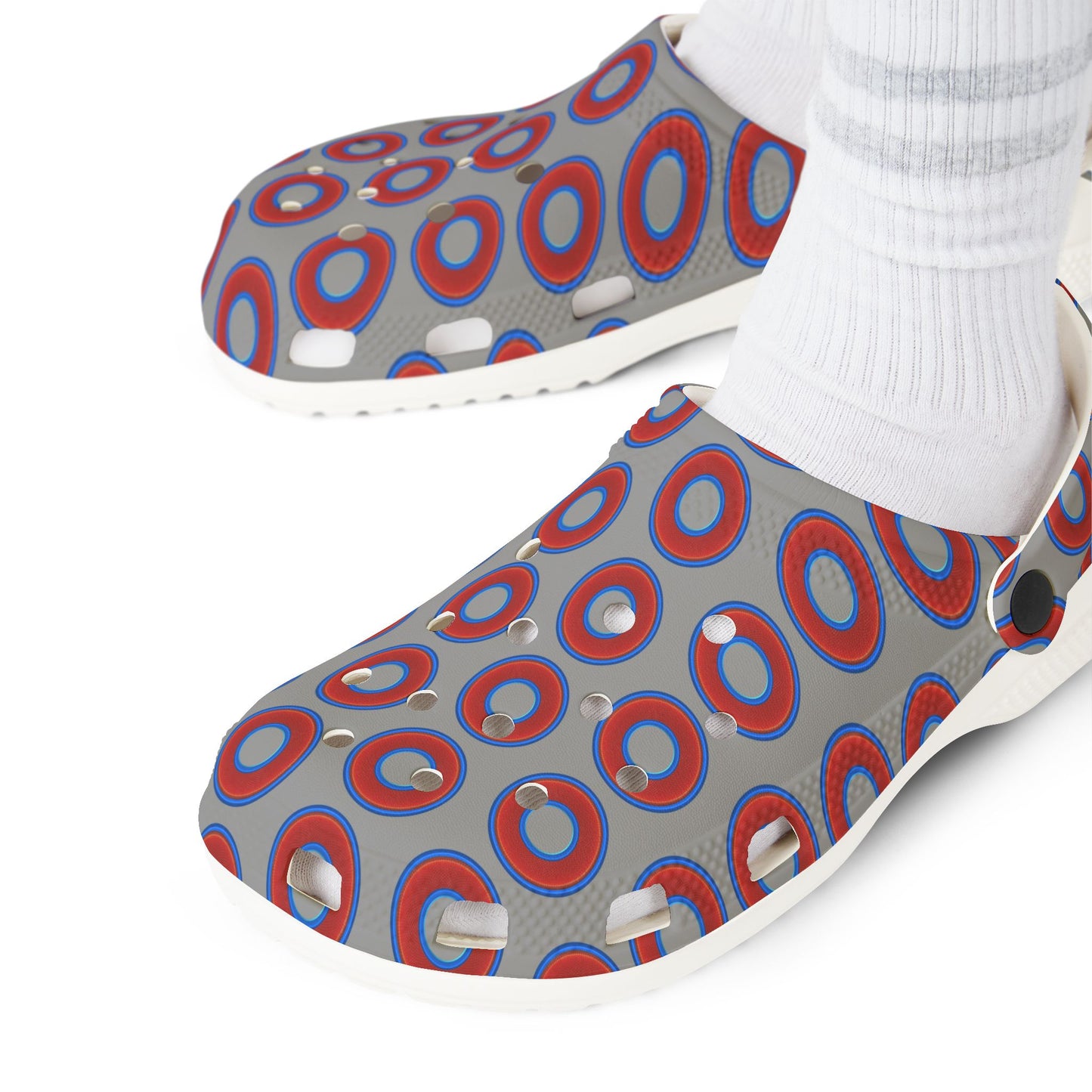 Spatchcocks - donut slip-on shoes - red rustic donuts w/gray background [unisex]