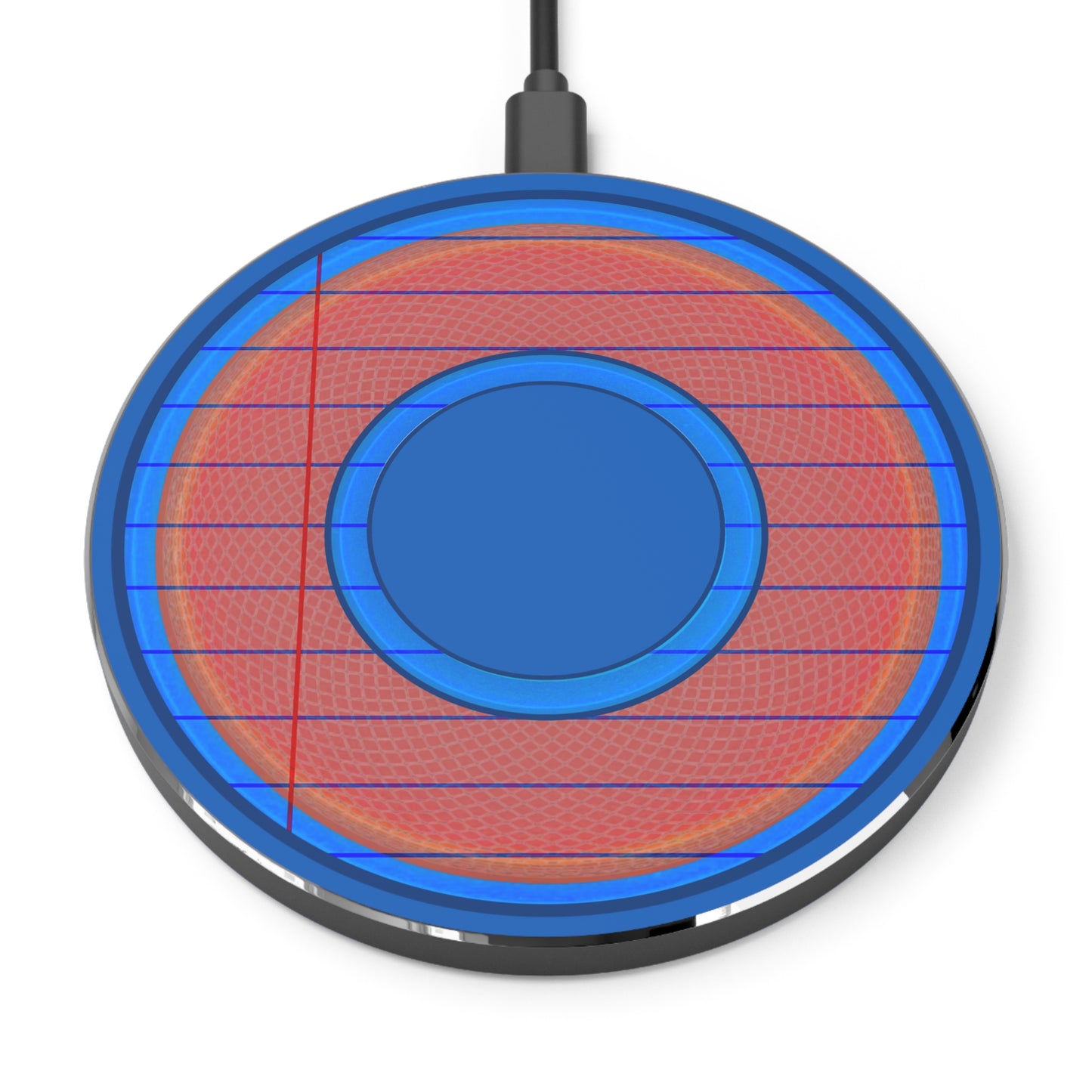 The Flow - Wireless Lumpy Donut Chargers - "Tasty Wireless Donut Charger" - rustic red donut w/dark royal blue background - variant 3