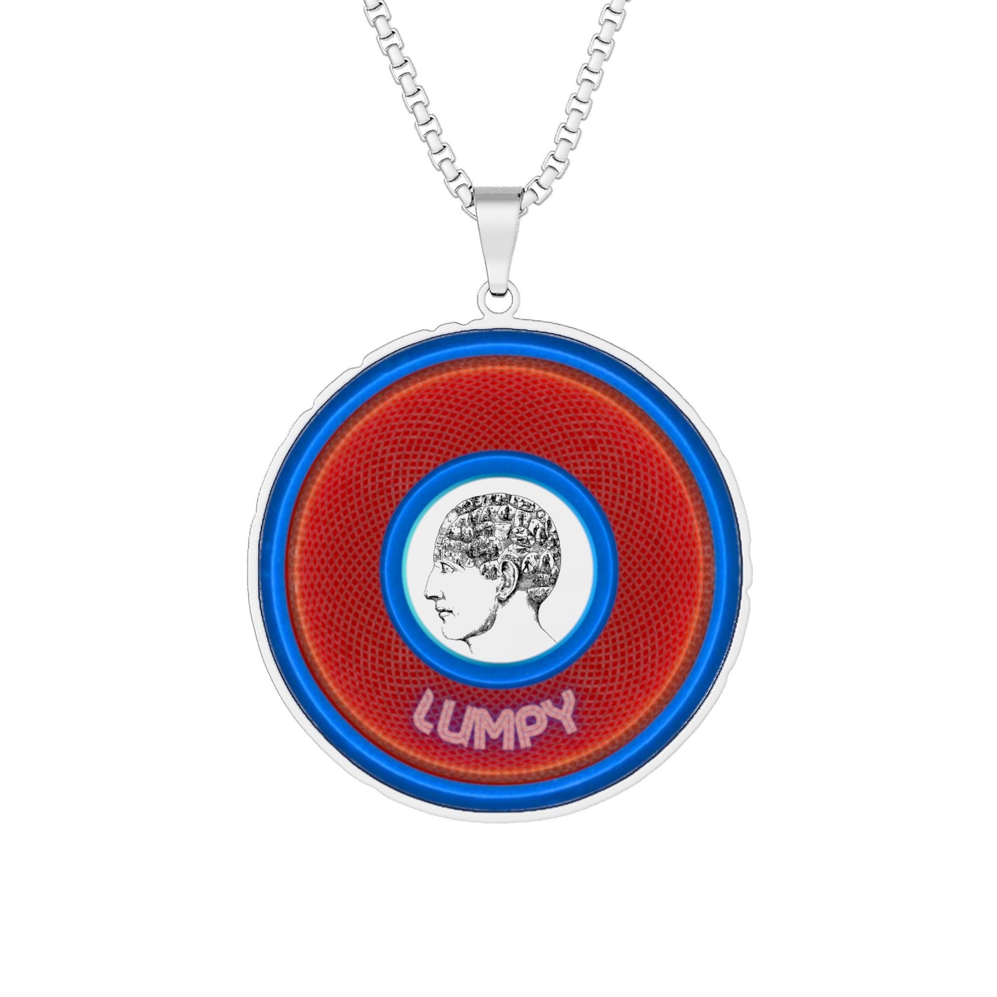 Lump's Heady Donut Necklace - 1" x 1" Stainless Steel Pendant - "Carini's Lumpy Pendant" - red/blue rustic donut - variant 1
