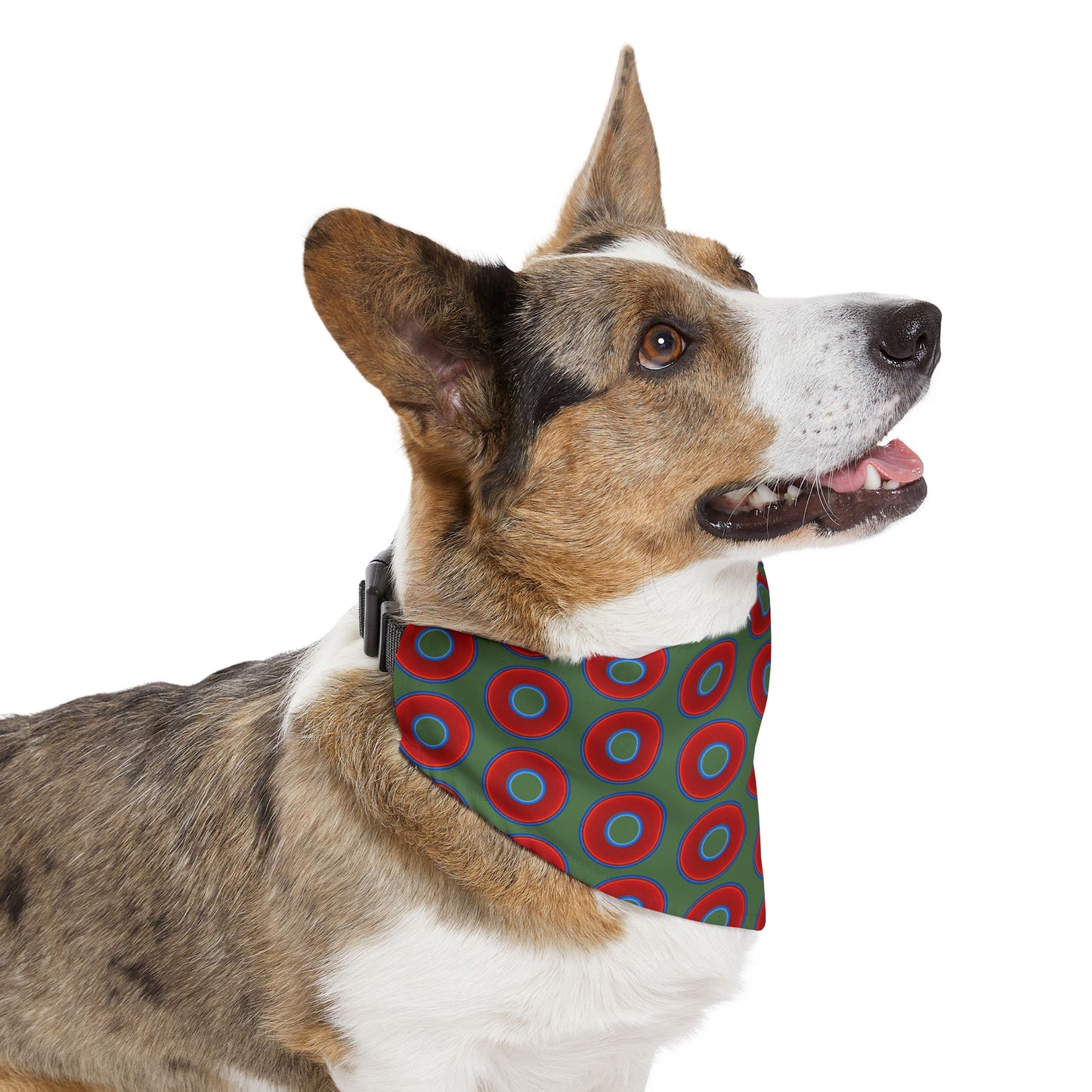 Jim's Lumpy Bandana Pet Collar - vivid red donuts w/dark green background