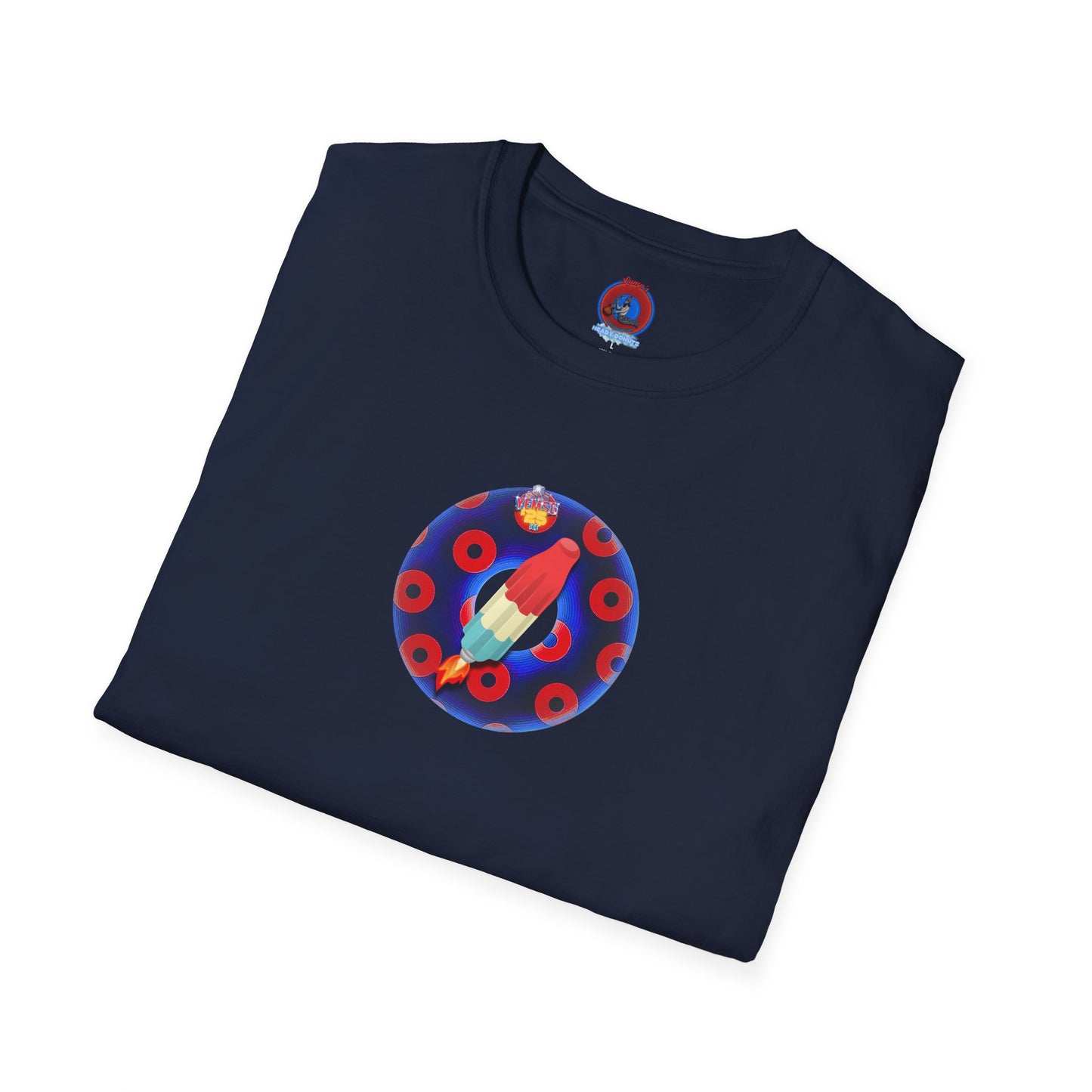 Classic Donut Tee - Unisex Soft-Style - "Blow this Popsicle Stand" - blue/red paradox bomb pop donut - variant 3