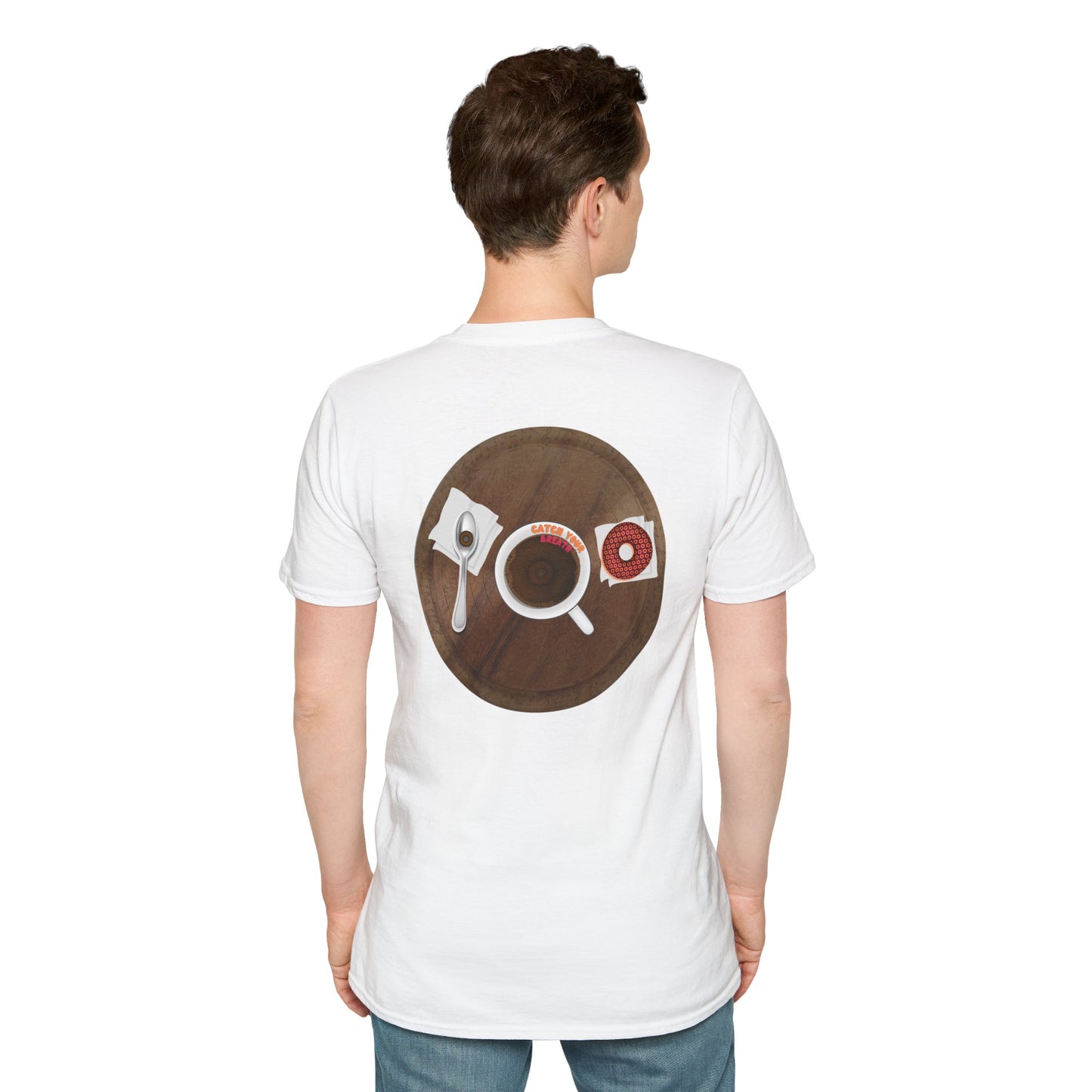 Classic Donut Tee - Unisex Soft-Style - "Coffee With My Donuts" - wooden table donut