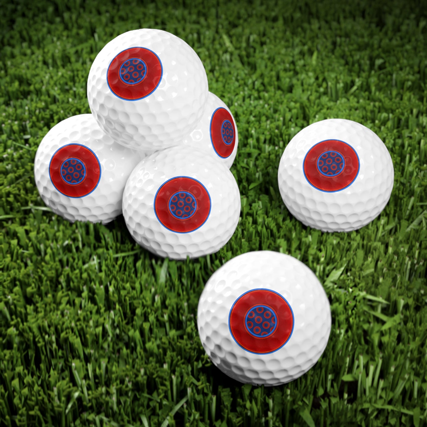 Lumpy Donut Golf Balls - 6-pack - "Plain/Abstract Donut" - red/blue vivid donut w/navy blue donut pattern background - variant 2