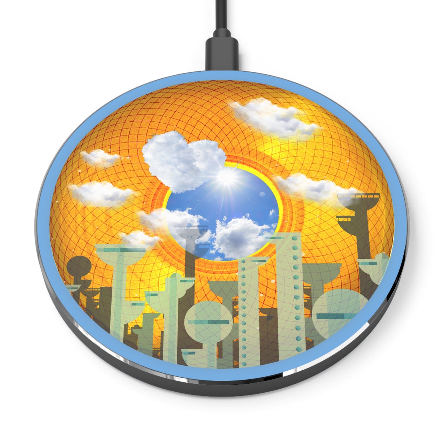 The Flow - Wireless Lumpy Donut Chargers - "The Golden Age of Wireless Donut Chargers" - golden symmetrical donut w/light blue background