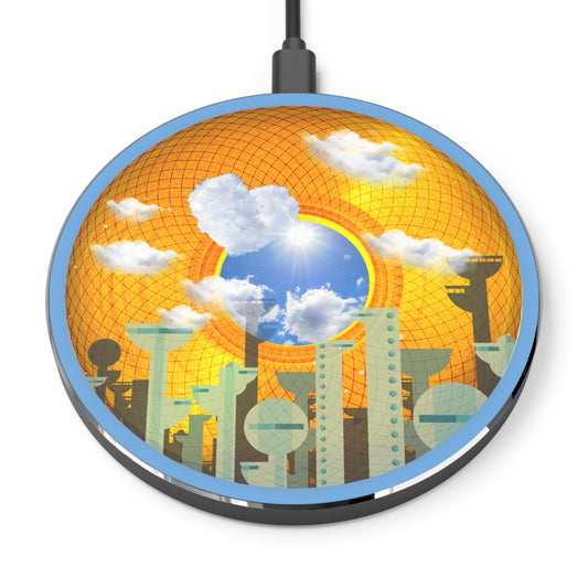 The Flow - Wireless Lumpy Donut Chargers - "The Golden Age of Wireless Donut Chargers" - golden symmetrical donut w/light blue background