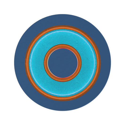 Round Room - 5 ft x 5 ft Lumpy Donut Rug - "Plain Donut" - rustic light blue/orange donut w/light navy background