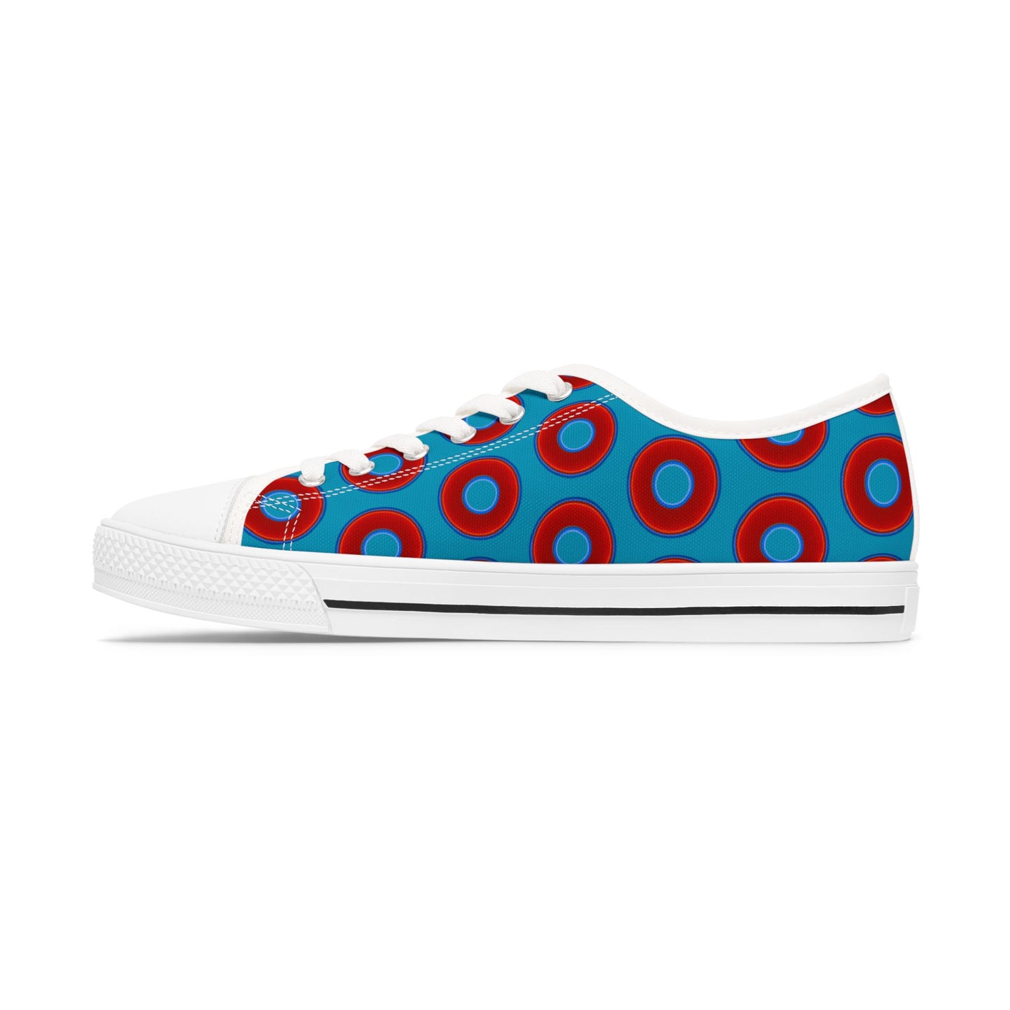 Women's - Low Top Chuck Taylors - large vivid red donut print w/aquamarine blue background