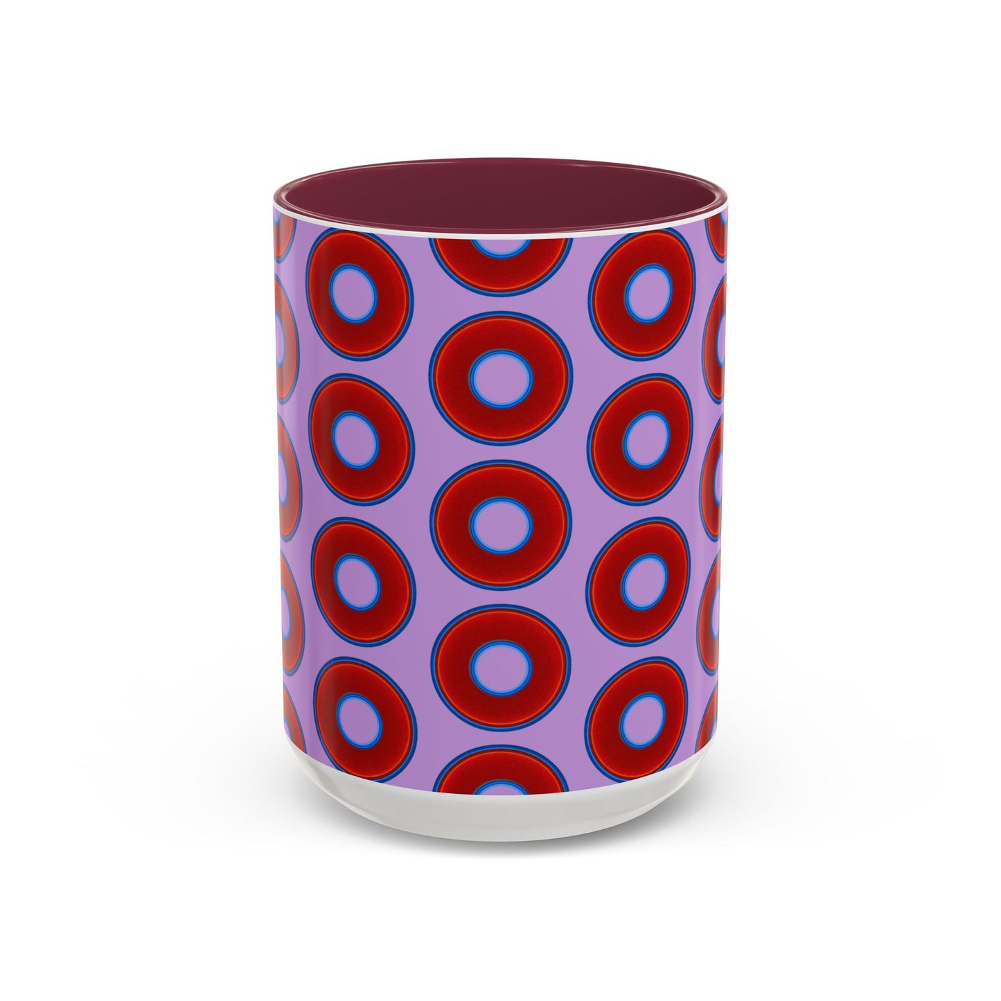 Lump's Grumpy Coffee Mug - vivid red donuts w/wisteria purple background