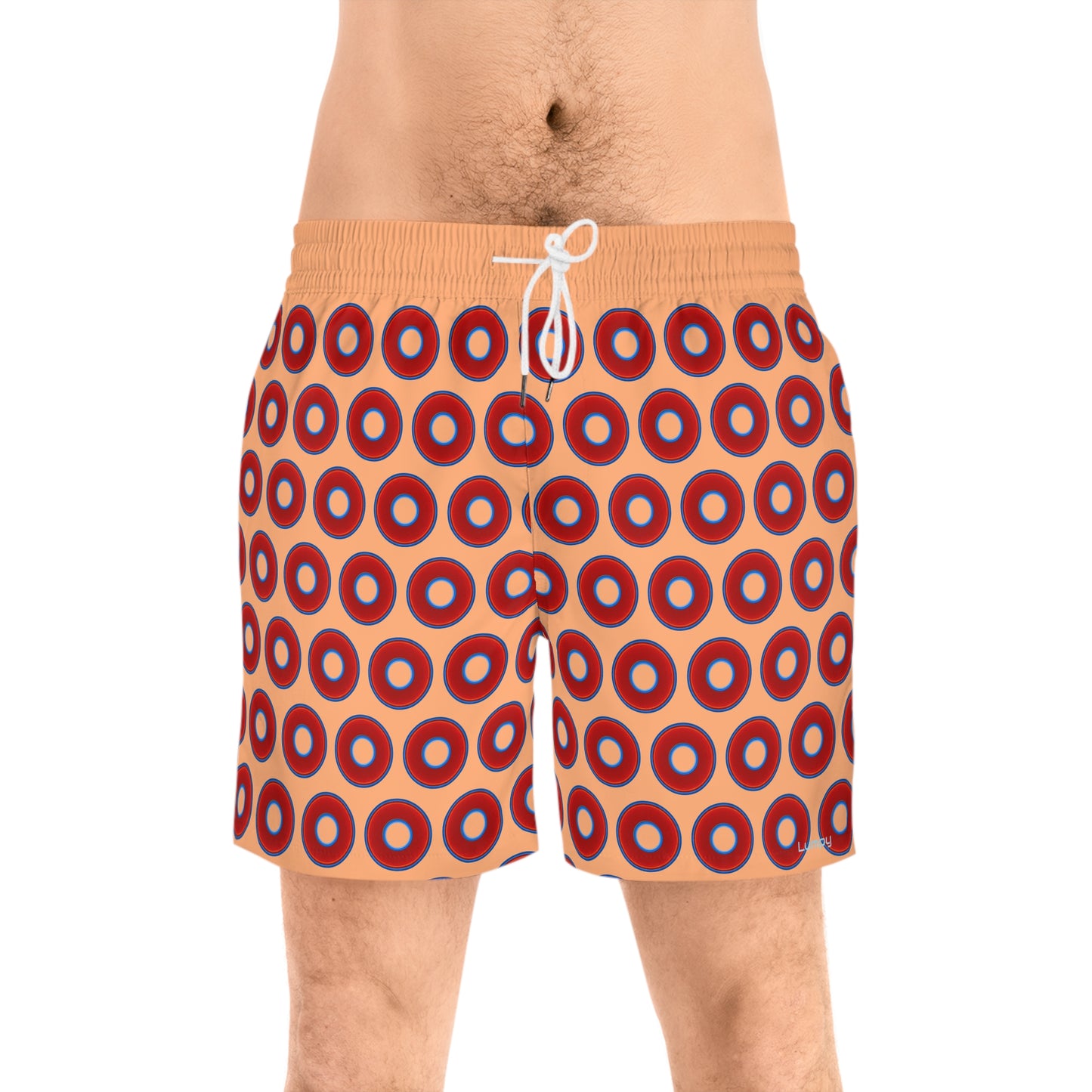Men's Lumpy Swim Trunks - vivid red donut print w/peach background