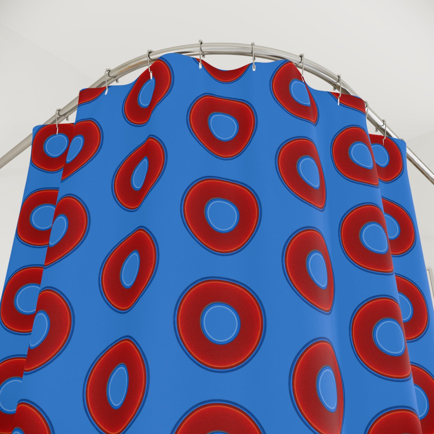 The Curtain With "Donuts" - Lumpy Bath Time Fun - vivid red donuts w/light royal blue background