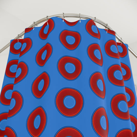 The Curtain With "Donuts" - Lumpy Bath Time Fun - vivid red donuts w/light royal blue background