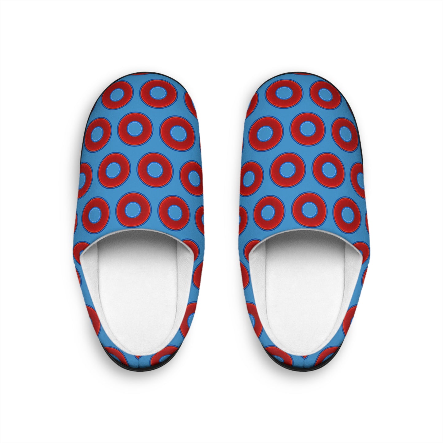 Women's Lumpy Slippers - red vivid donut print w/light steel blue background