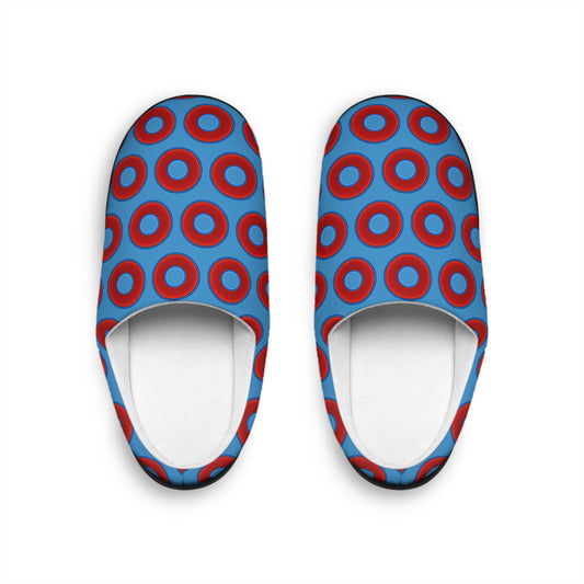Women's Lumpy Slippers - red vivid donut print w/light steel blue background