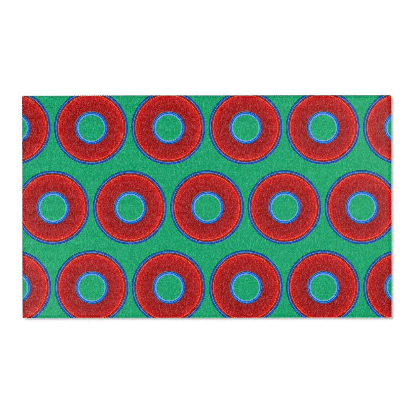 Lumpy Donut Print Rug - choice of 3 sizes - vivid red donut print w/jade green background