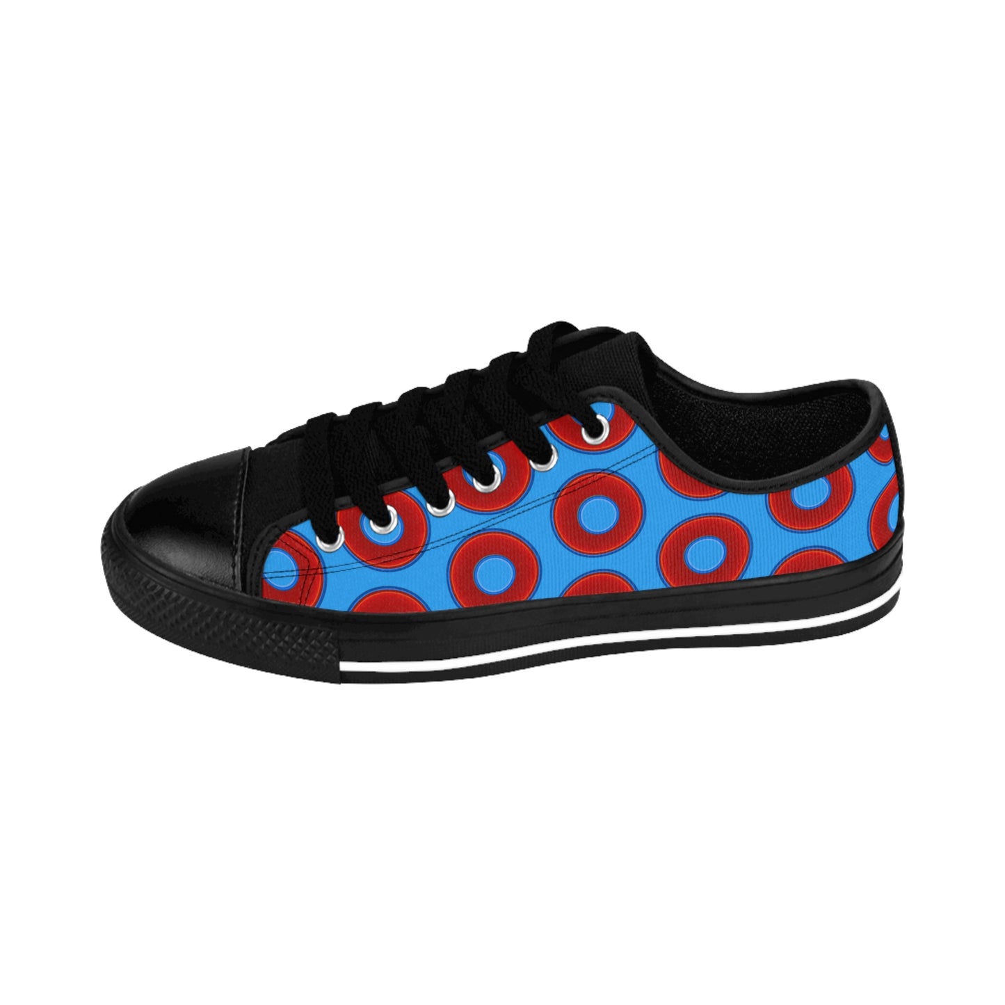 Women's Cushiony Convectors - Low Top - large red vivid donut print w/sky royal blue background