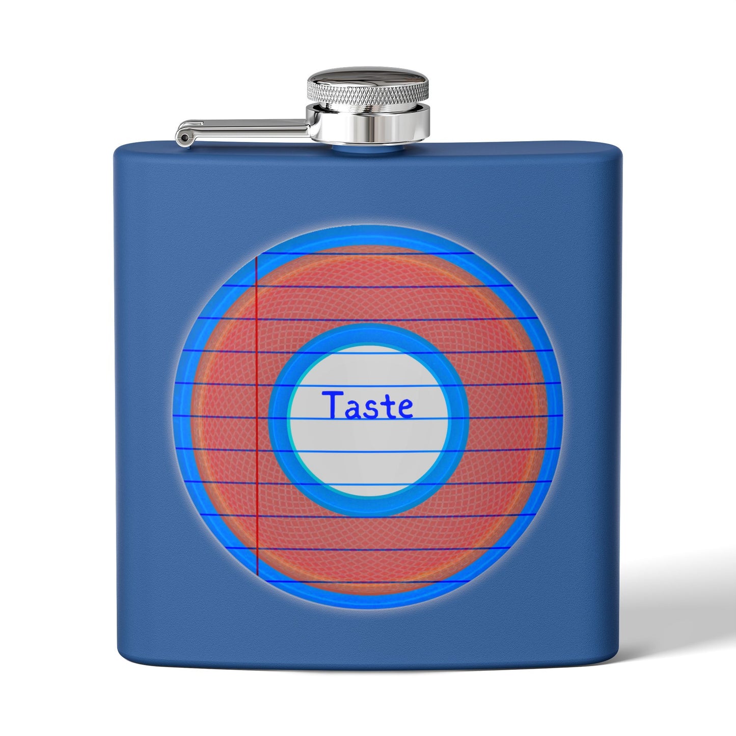 Lump's Donut Flask 6 oz -  "Tasty Flask Donut" - red/blue rustic donut - [*w/your choice of 6 backgrounds]