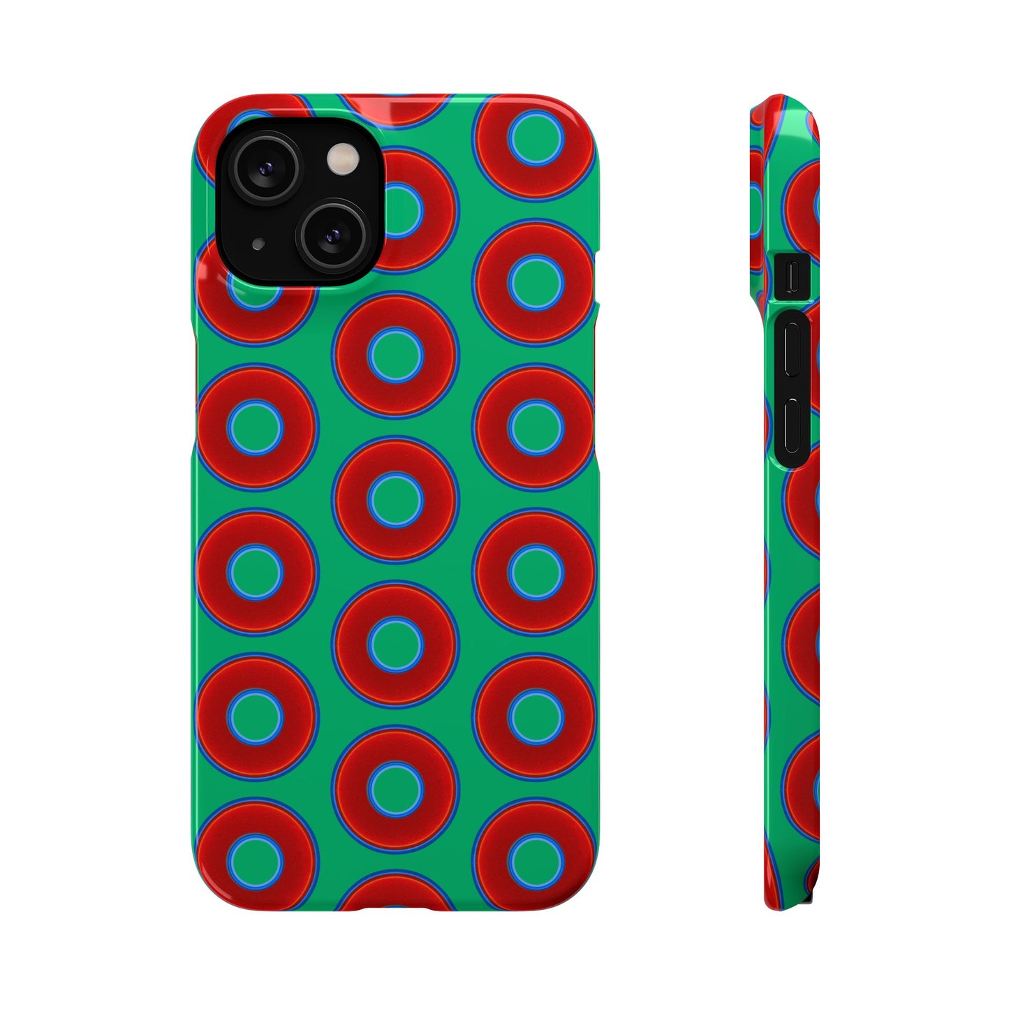 Lumpy Donut Snap Case - red vivid donut print w/jade green background
